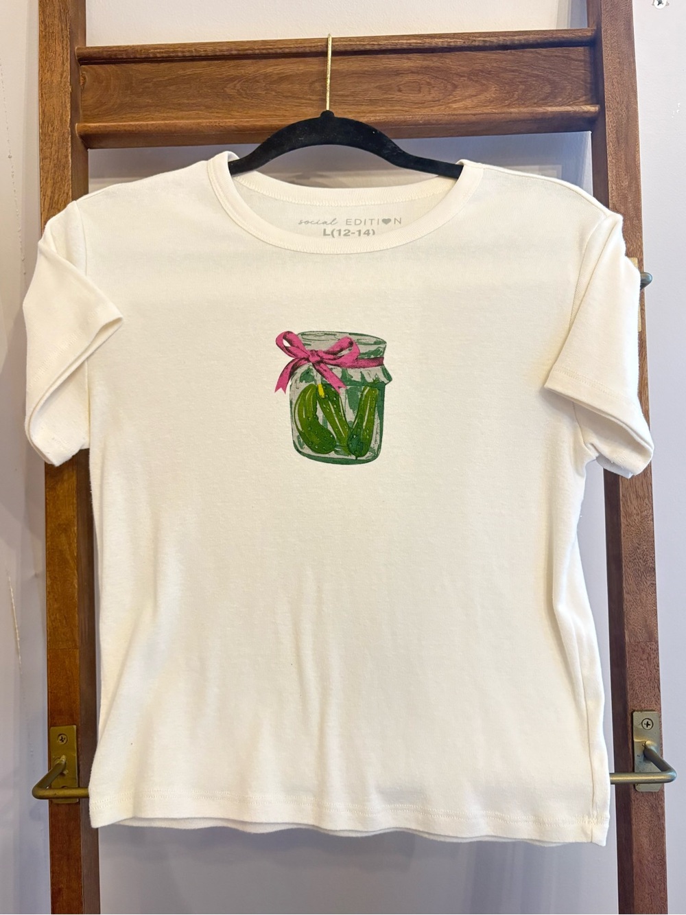 Social Edition Kids Cream Short Sleeve Tee with Pickle Jar Graphic and Pink Bow